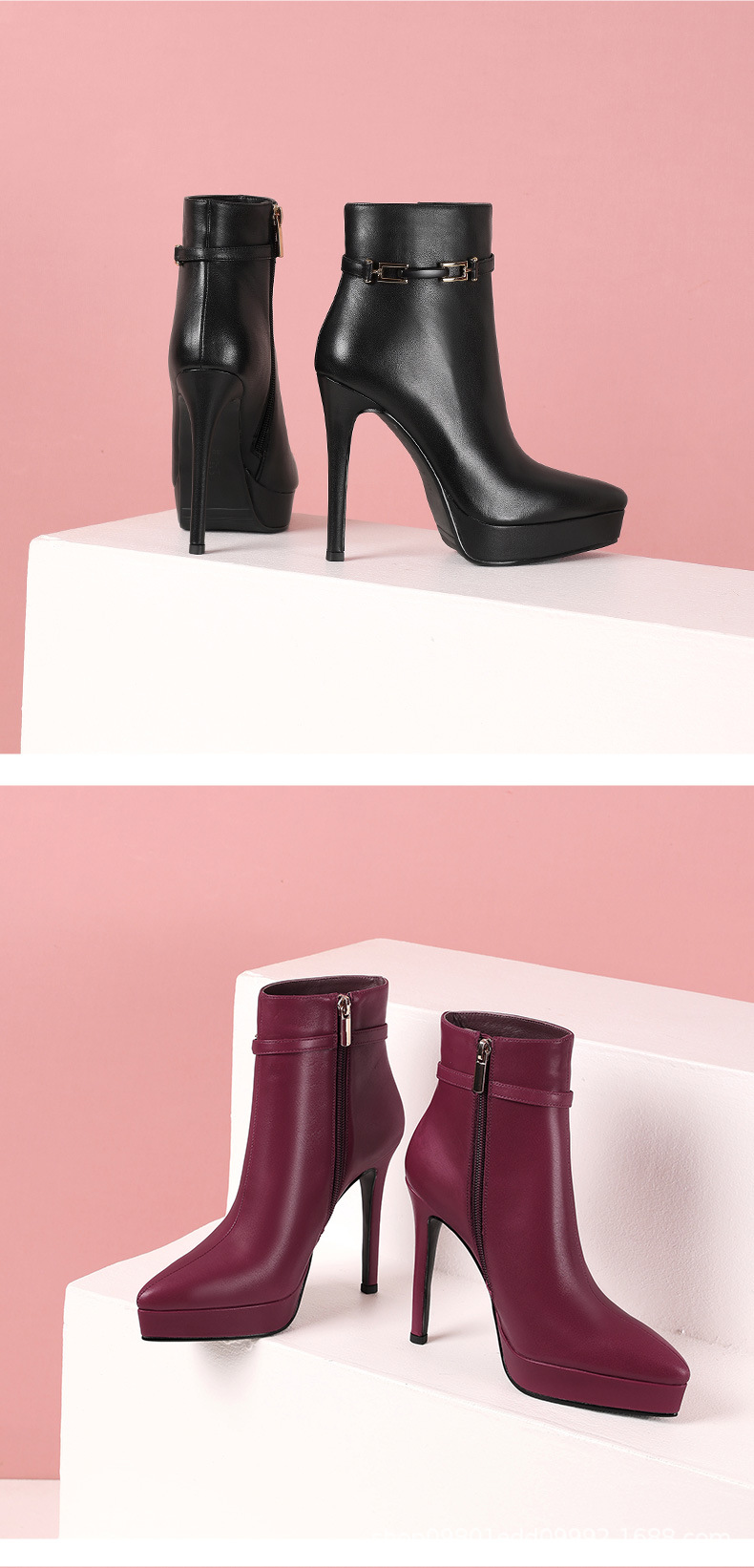 Boot nữ da bò mũi nhọn gót siêu cao 12 cm đế chống nước phong cách sàn catwalk — Màu mơ 12 cm (lông cừu) chi tiết 12