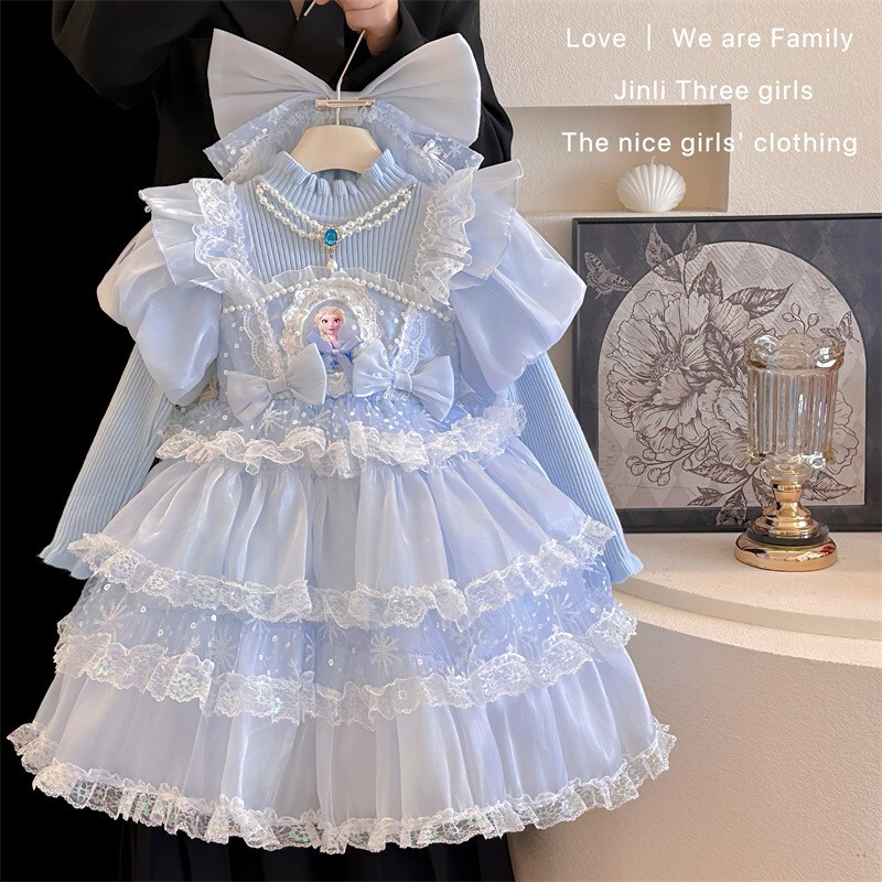 Frozen Elsa Princess Dress Girls' 2026 Autumn and Winter Korean Style Children's Sweater Dress Cake Mesh Skirt
