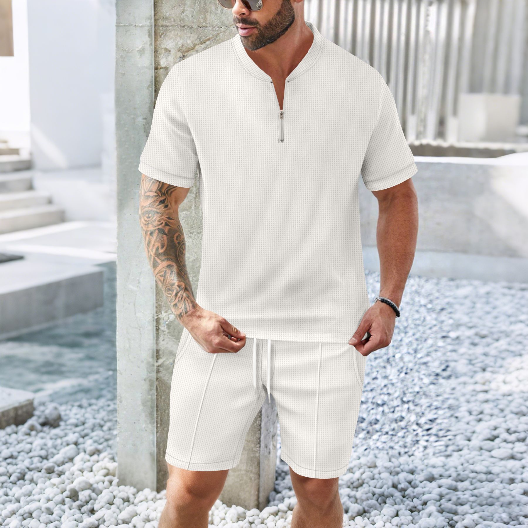 Men's European American Waffle Stand Collar Zipper Breathable Solid Color Casual Comfortable Short Sleeve Two Piece Set_voghion.com