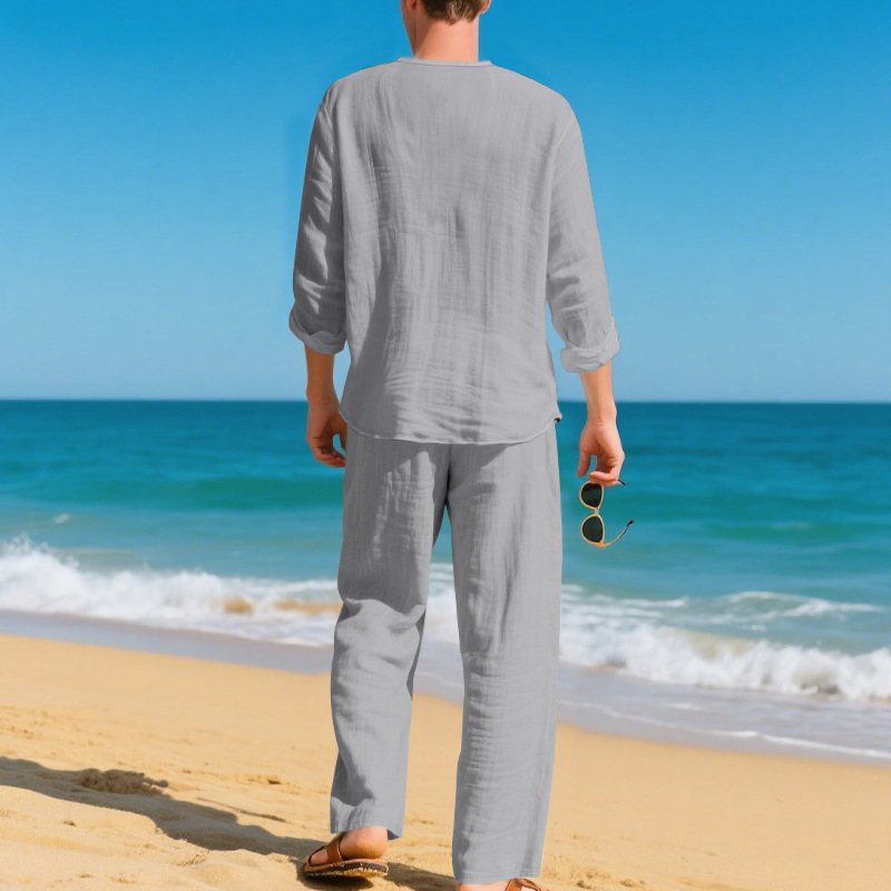 Herren Leinenanzug Für Den Herbst Casual Beach V-ausschnitt Set_voghion.com