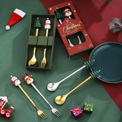 ステンレススプーン クリスマススプーンとフォーク 2点セット クリスマスツリー デザート コーヒースプーン フルーツフォーク 食器 クリスマスギフト