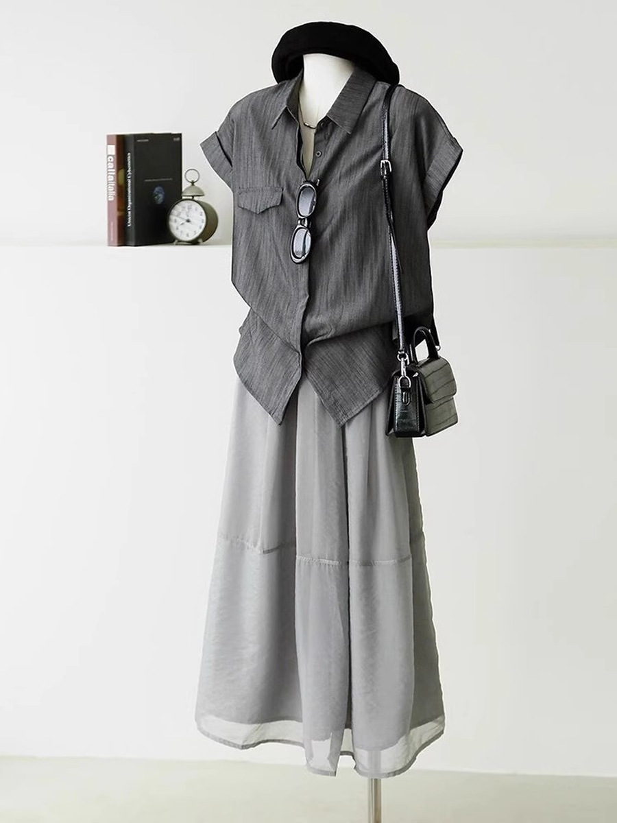 Áo sơ mi nữ ngắn tay dáng rộng chất liệu linen mùa hè — vải lanh màu xám
