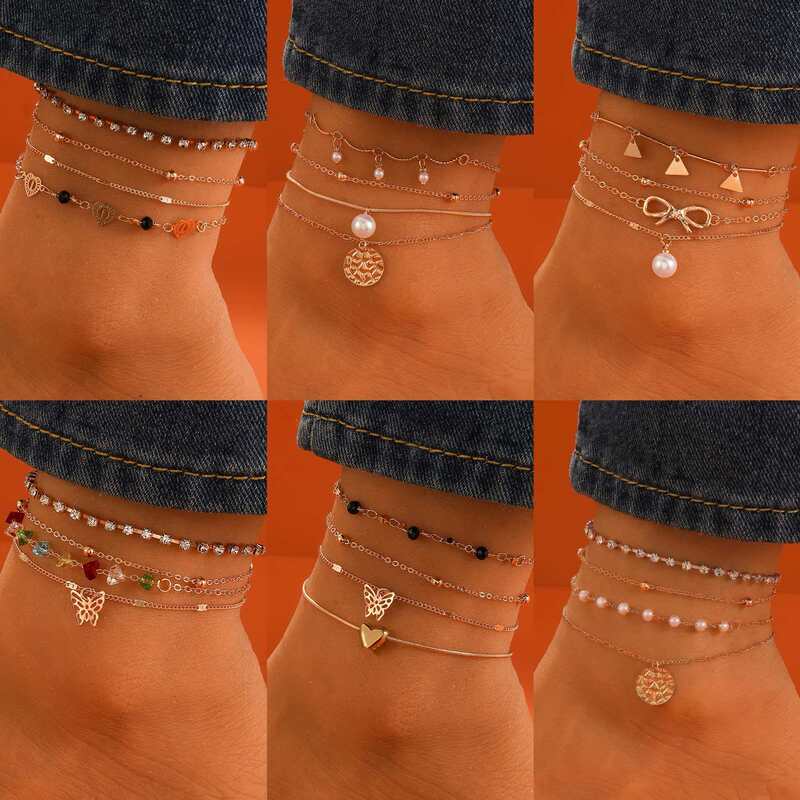 European and American Multi-Layered Love Heart Butterfly Anklet, Bohemian Simple Trendy Anklet Set of Four, Beach Foot Jewelry