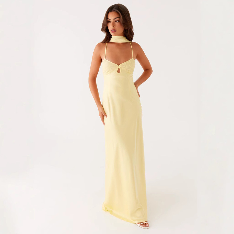 European and American Cross-Border 2026 New Women's Fashion Elegant V-Neck Tie-Back Open-Back Gown Long High-End Satin Dress for Women