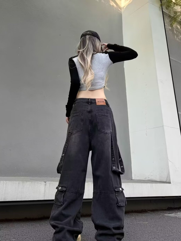 外贸多口袋复古阔腿牛仔裤男重工美式街头hiphop嘻哈工装直筒裤子|undefined