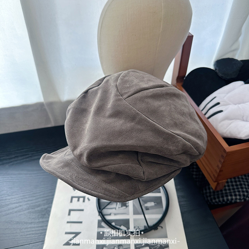 2025新款简约纯色麂皮绒定型褶皱报童帽女秋季英伦复古百搭贝雷帽|undefined