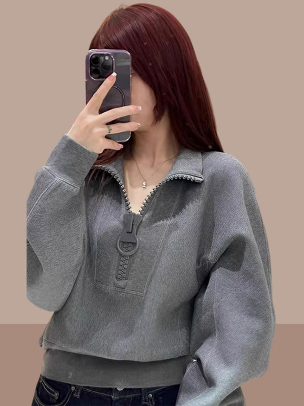秋季短款灰色卫衣女高级感超好看立领半拉链小众oversize外套潮牌|undefined