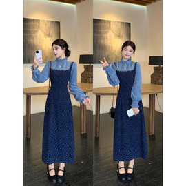 大码一生罗曼海兰花秋冬法式设计感碎花假两件拼接长袖连衣裙