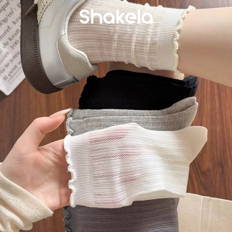 Lace Hollow-Out Slouch Socks for Women, Ins-Style Solid Color Mesh Mid-Calf Socks, Thin and Versatile for Summer, Fresh Socks for Summer