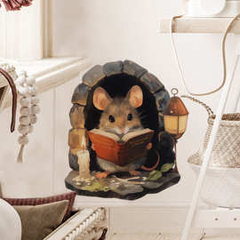 跨境墙角小老鼠墙贴画路灯读书动物浴室房门可移除防水墙贴 22008