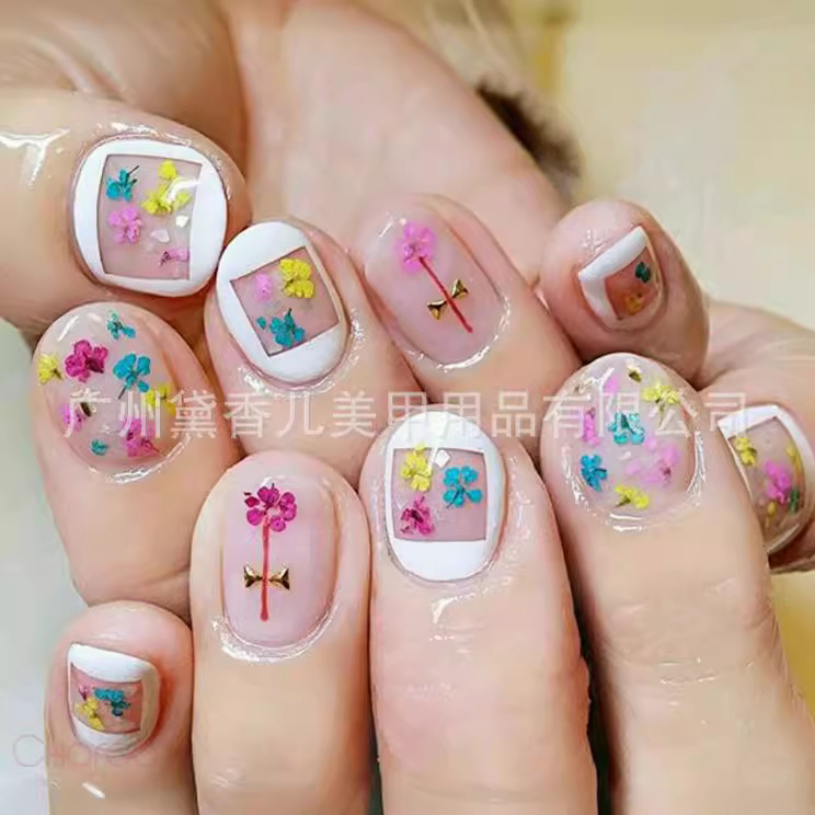 12-color largo grande flor seca manicura encaje flor seca manicura tridimensional flor seca flor real 24 uñas flor seca joyería