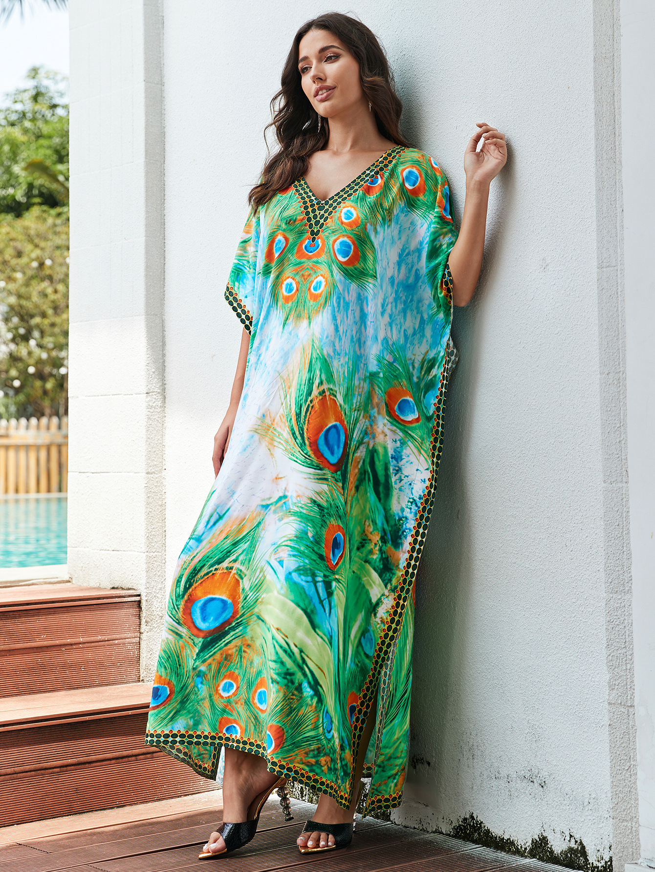 Rochie de plajă lungă kimono dama boho viscoză tie-dye_voghion.com