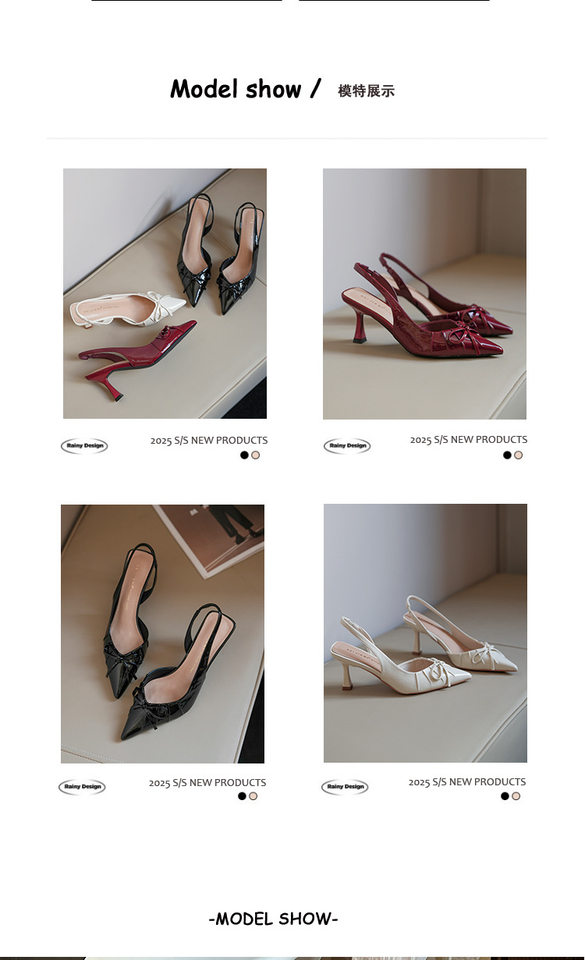 Sandal nữ bít mũi nhọn gót mảnh thắt nơ, quai hậu hở gót, gót 6–8 cm — Màu trắng be, Màu đen, Màu đỏ rượu chi tiết 8