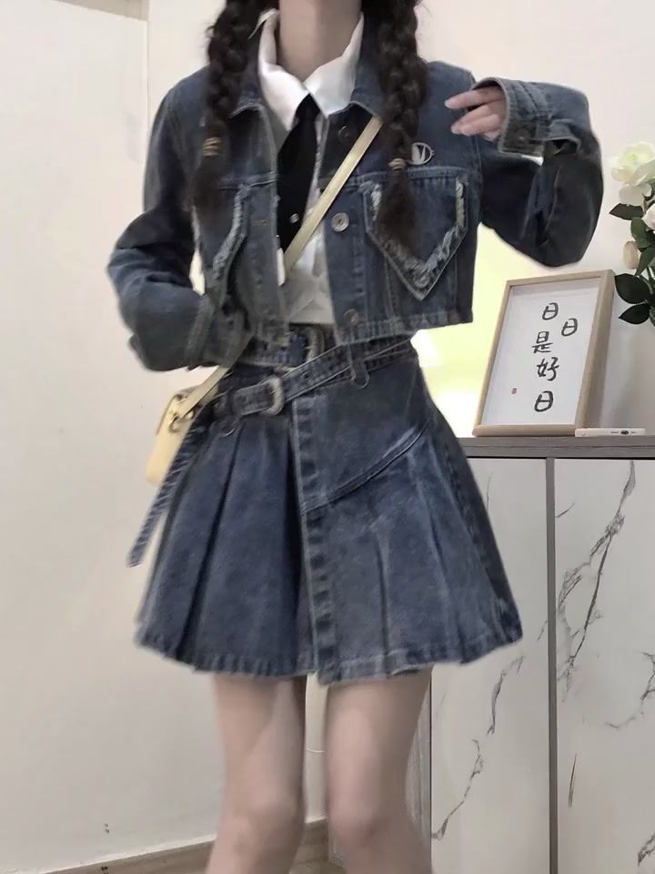 ChicShe Set da donna in stile retrò americano con giacca estiva e gonna in denim a vita alta_voghion.com