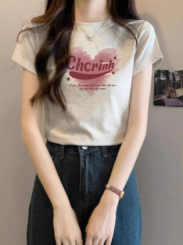 デザインニッチな右肩ピュアコットン半袖Tシャツレディース夏新作プリントスリムラウンドネックグレートップトレンディ|undefined
