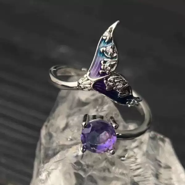 Light Luxury Personalized Fishtail Ring for Women, Niche Design with Dazzling Purple Zircon, Adjustable Open-Ended Index Finger Ring Jewelry