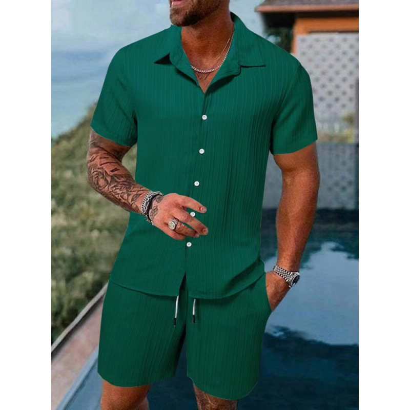 2025 New Green Vertical Striped Casual Suit Men's Vacation Style Versatile Breathable Shirt + Shorts Set