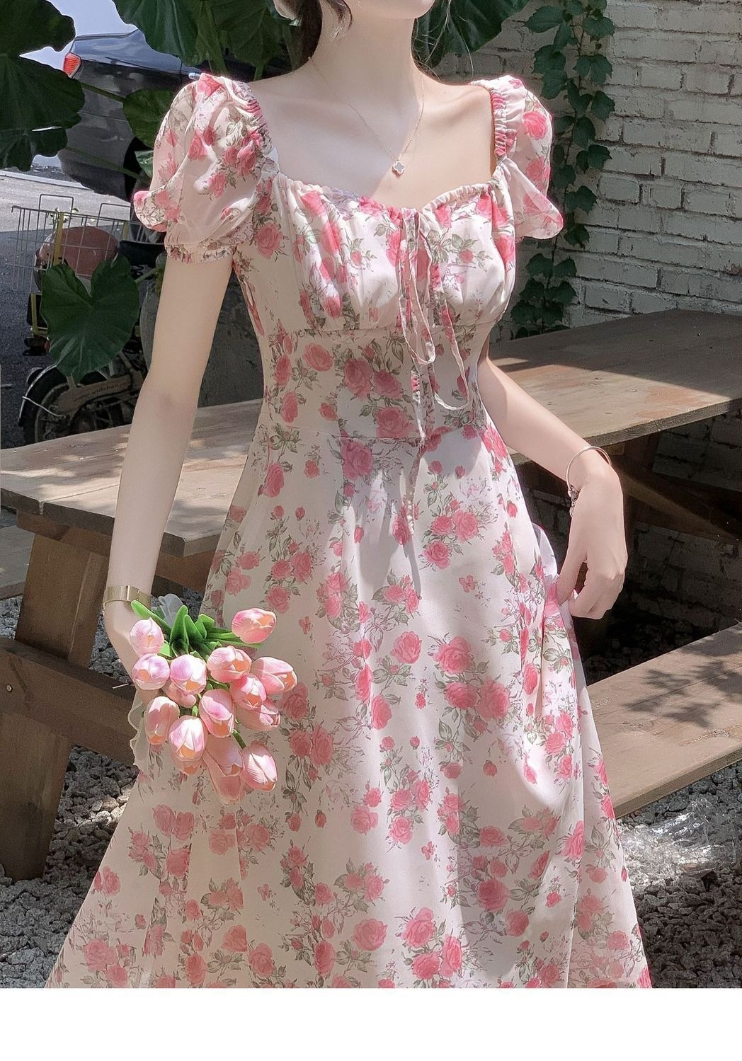 Đầm maxi nữ thắt eo họa tiết hoa hồng phong cách Pháp — Hoa hồng (chất lượng cao), Hoa hồng (bình thường) chi tiết 4