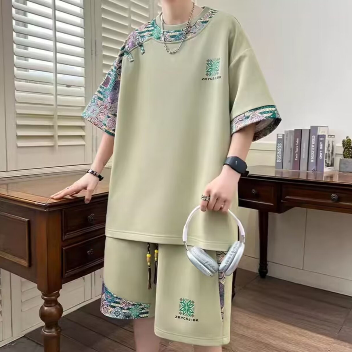 Sports Suit for Boys, Summer Ethnic Style Short-Sleeved Shirt and Shorts, New Chinese Style Large Size Trendy Two-Piece Set