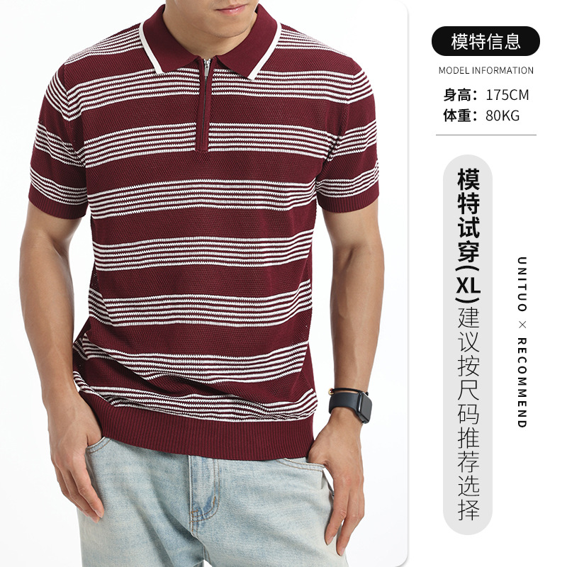 Hombres de alto nivel con cremallera con collar de hielo polo camisa de verano de punto de manga corta de negocios casuales chaqueta a rayas de hombre