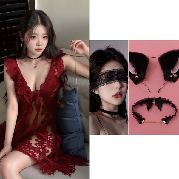 Red sleep mask, choker