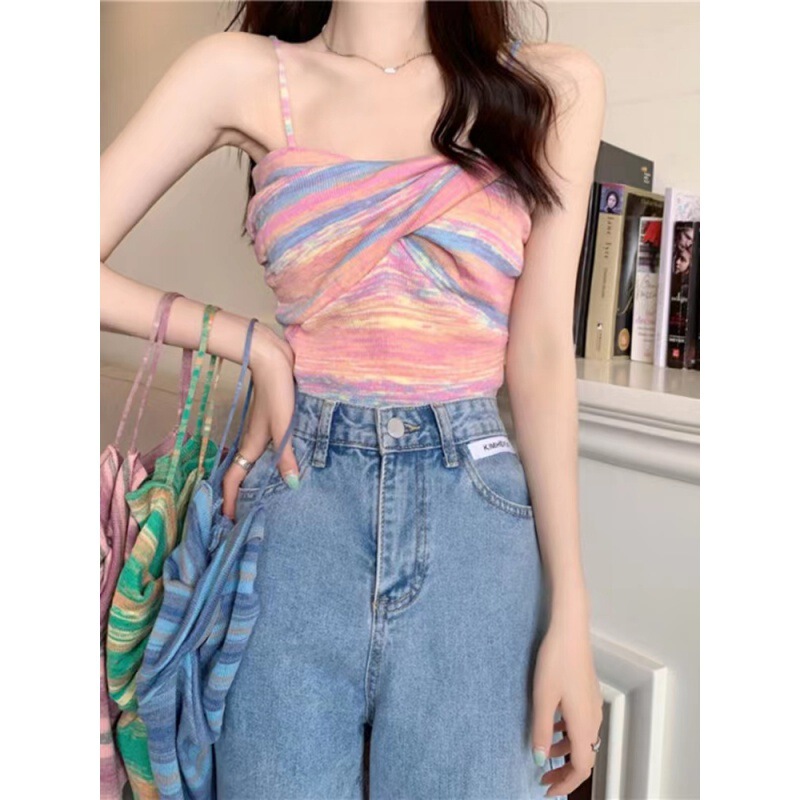 French Chic Stripesd Small Suspbottomer Outer Vest for Women Spring Short Sexy Sexy Bottoming Sleeveless Inner Top