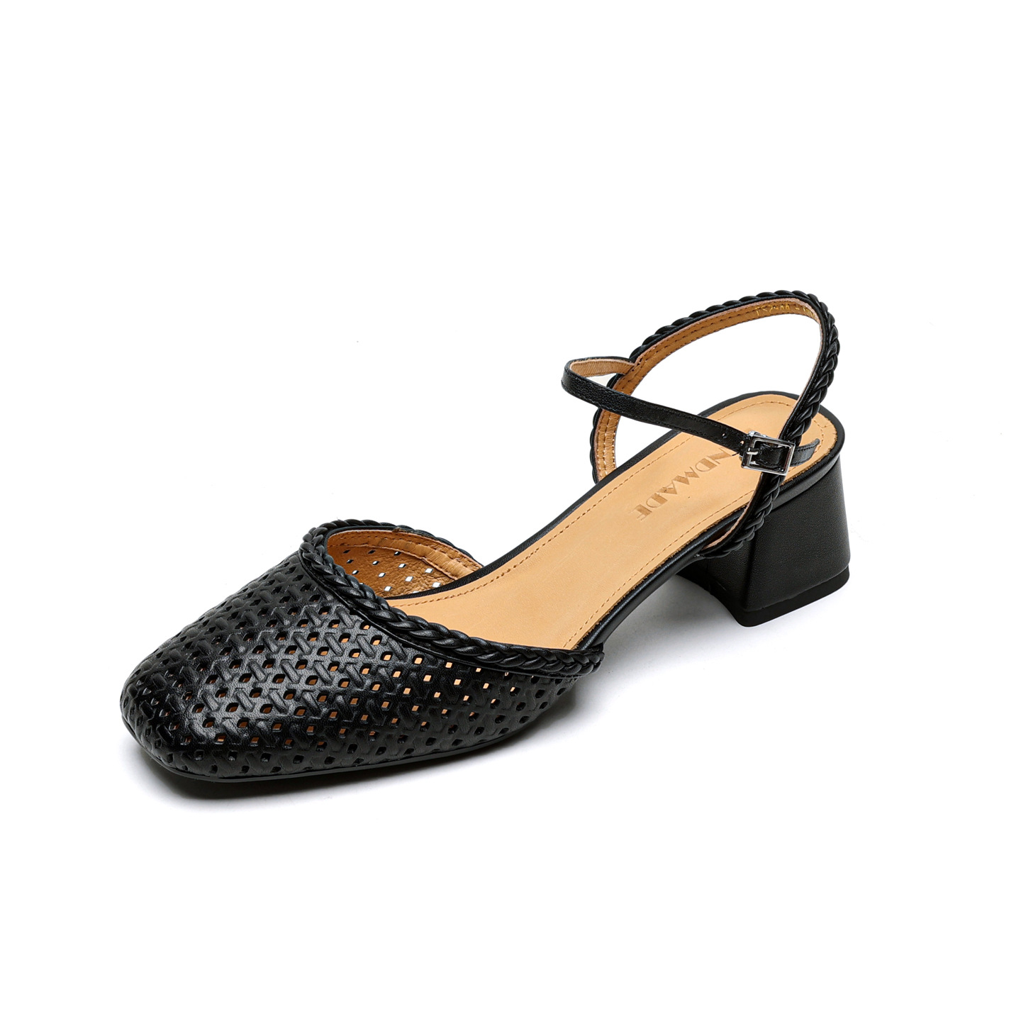 Giày sandal cao gót nữ quai ngang mũi tròn da bò, gót 5 cm — đen chi tiết 25