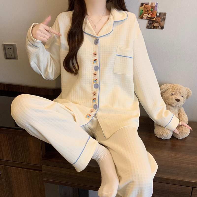 Solid Color Simple Embroidery Cartoon Waffle Plaid Autumn and Winter Laminated Air Cotton Warm Pajamas Women's Home Clothes Wholesale