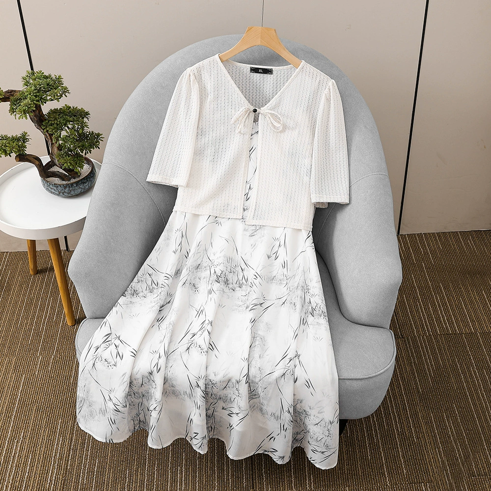 2024 летний новый повседневный костюм женский большой размер принт тонкий с короткими рукавами пригородной моды