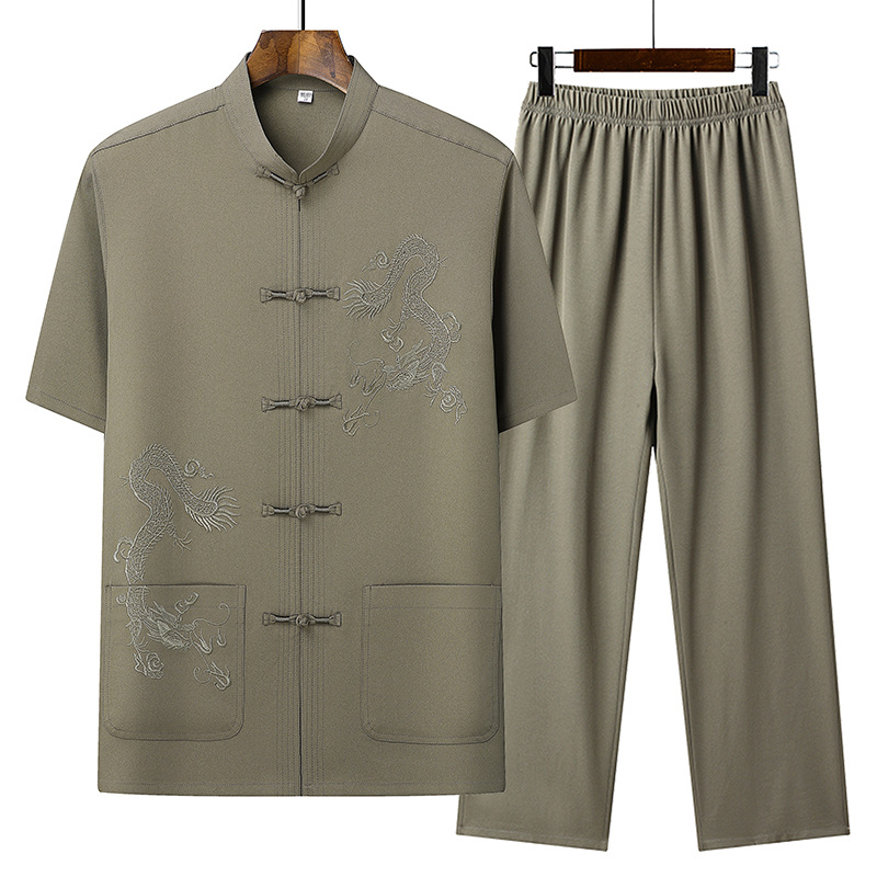 Tang Dress Short-sleeved suit Dad Men's Summer Middle-aged and Elderly Grandpa New Chinese Style National Style Embroidered Shirt Clothes