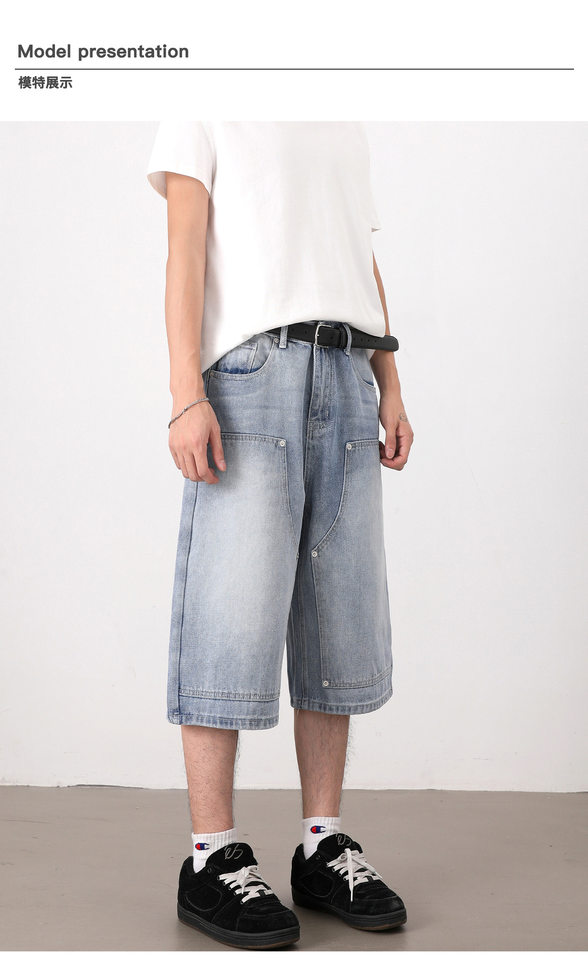 Quần jean nam ống suông rộng lửng giặt mài phong cách retro — Denim đen, Xanh nhạt, Xanh đậm chi tiết 9