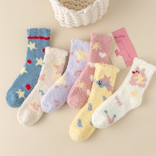 Non-lint men's and women's star coral velvet socks plush socks mid-calf winter thickened home warm floor confinement socks
