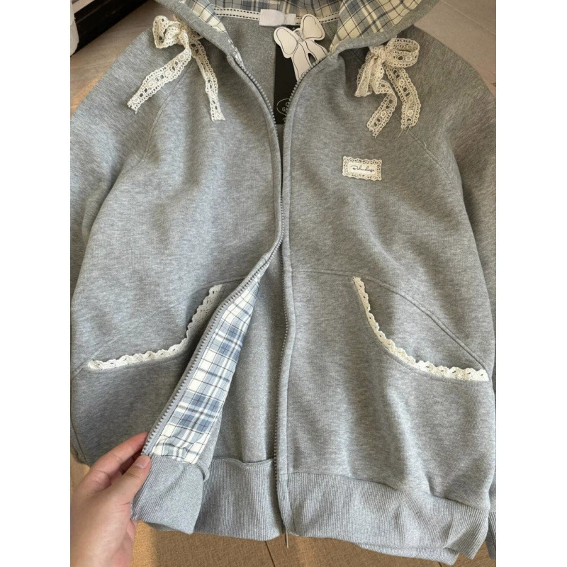 Качественный хлопковый кружевной светшот с бантом, худи, oversize