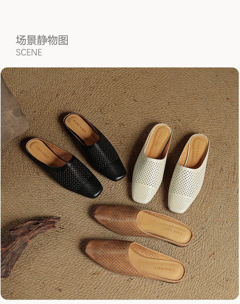 Giày mule nữ da bò mũi vuông đế bệt hở gót kiểu mới — đen chi tiết 23