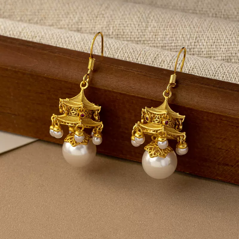 古法铜镀金新中式项链亭子宫灯宫廷风耳环高级感红玛瑙显白饰品女