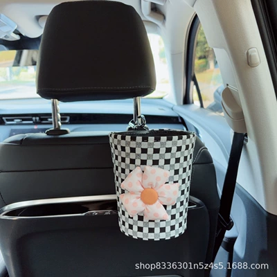 Car tissue box/set | tissue box, hanging tissue holder - pink-and-black-floral-bubble-grid-trash-can-with-trash-bags-seat-version