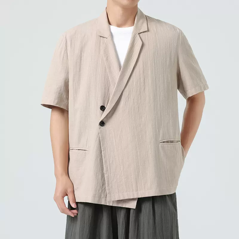 2025外贸新款复古跨境男装中式西服 亚马逊夏季大码男士棉麻唐装