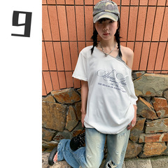 [9hour] 純欲ギャル風斜め肩半袖tシャツ女性2024夏ins肩のゆるい上着m 11081