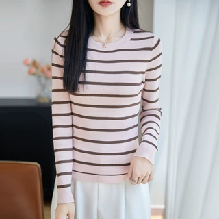跨境100%纯棉线条纹针织衫女修身显瘦坑条撞色经典打底衫长袖毛衣