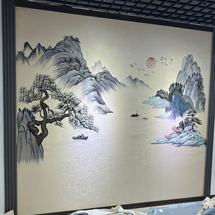 Embroidery Seamless Wall Covering for Living Room Tv Sofa Background Wall, New Chinese Style Landscape