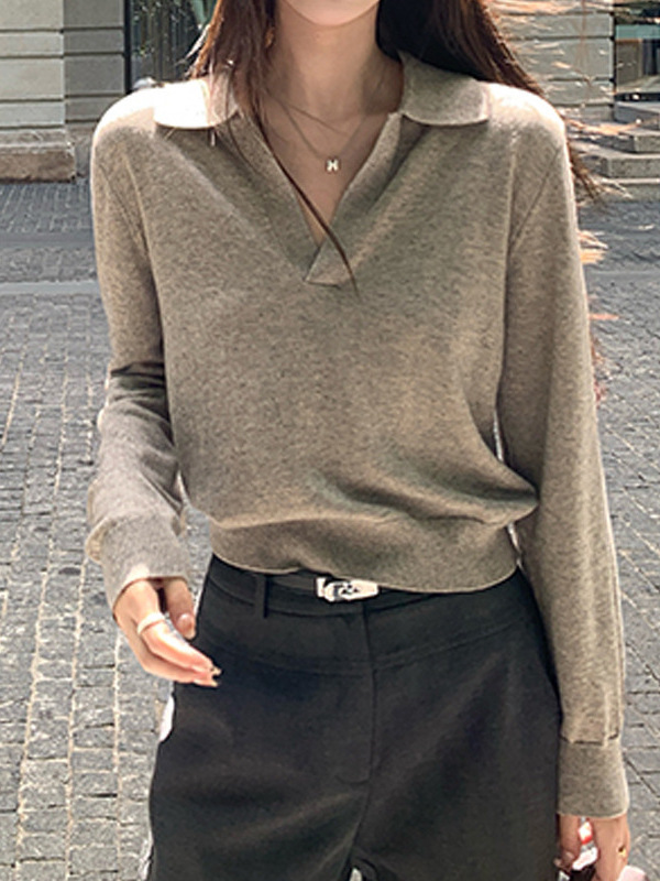 槿一 高智淡人毛衣 老钱风Polo领针织衫女慵懒休闲V领长袖上衣秋|undefined