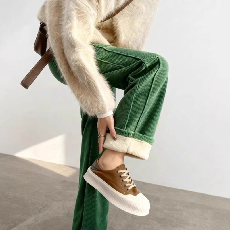 2026 Unique and Super Stylish Green Corduroy Pants for Women, New Autumn and Winter High-Waisted Slim-Fit Fleece-Lined Narrow Straight-Leg Pants