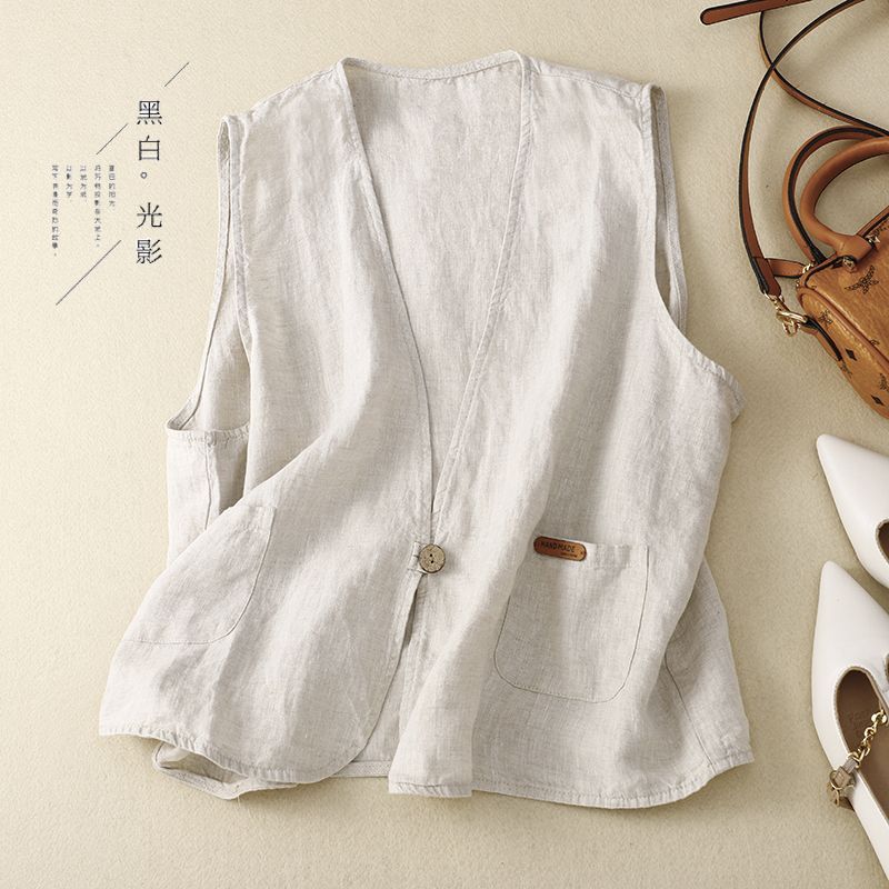 Casual estilo japonés chaleco de lino de verano delgado suelto chaleco de botón de cuello en V simple chaleco protector solar image 3