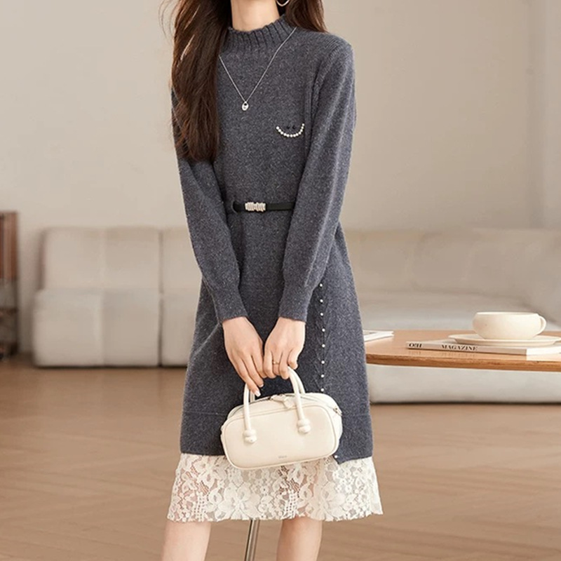 Abito in maglia con pizzo e perline – Elegante capo a strati a maniche lunghe (taglia unica, misto poliestere e viscosa, girocollo, 4 colori, versatile dall'ufficio all'evento)_voghion.com
