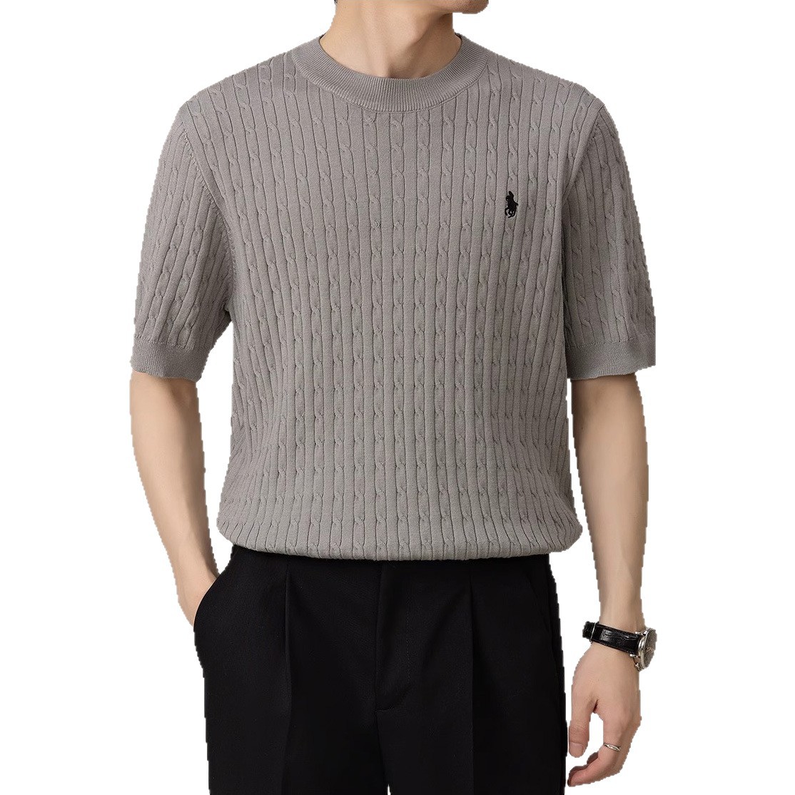 Camiseta de punto de manga corta camiseta masculina marcas de caballo bordadas viejas flores de negocios de hielo seda fábrica de verano transfronteriza al por mayor