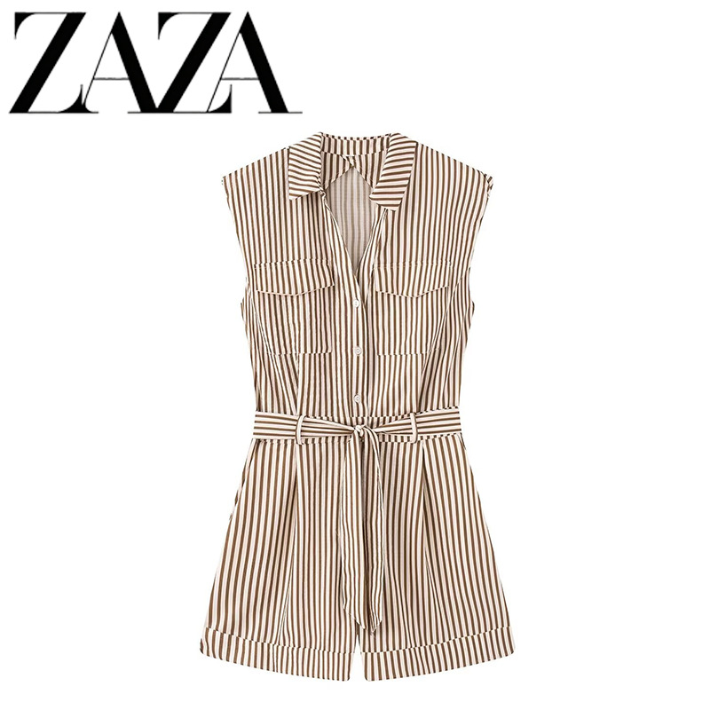 ZAZA hecho por sí mismo estilo europeo al por mayor de mujeres temperamento de moda con cinturón burbuja pantalones cortos a rayas