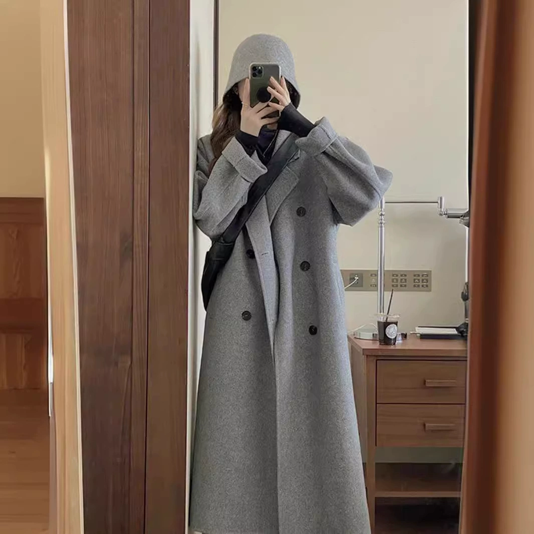 Двустороннее шерстяное пальто 2025 года для женщин, длинное двубортное шерстяное пальто в корейском стиле с воротником-стойкой для миниатюрных женщин, осень-зима