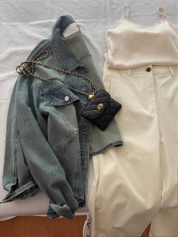 Women's Clothing Vintage Blue Lapel Denim Coat Women's Early Spring Loose All-match Hong Kong-style Jacket Short Top_voghion.com