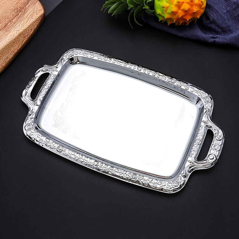 European Style Simple Stainless Steel Tray silver Edge Desktop Snack Fruit Plate Rectangular Food Storage Plate in stock European Style Simple Stainless Steel Tray silver Edge Desktop Snack Fruit Plate Rectangular Food Storage Plate in stock
