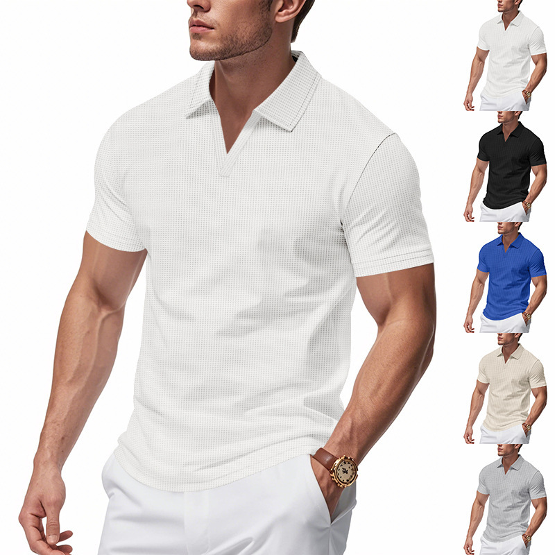 2025 Cross-border Men's Summer Lasel Waffles Polo Shirt Loose Casual Sports Jersey Shirt Short-sleeved T-shirt for Men